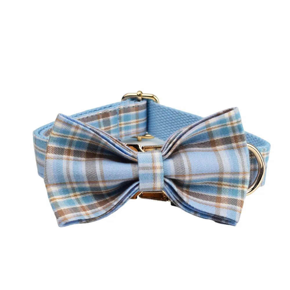 Multi Plaid Personalized Dog Bowtie Collar, Leash Set And Harness Set - Engravable Best Gift For Dog Lover