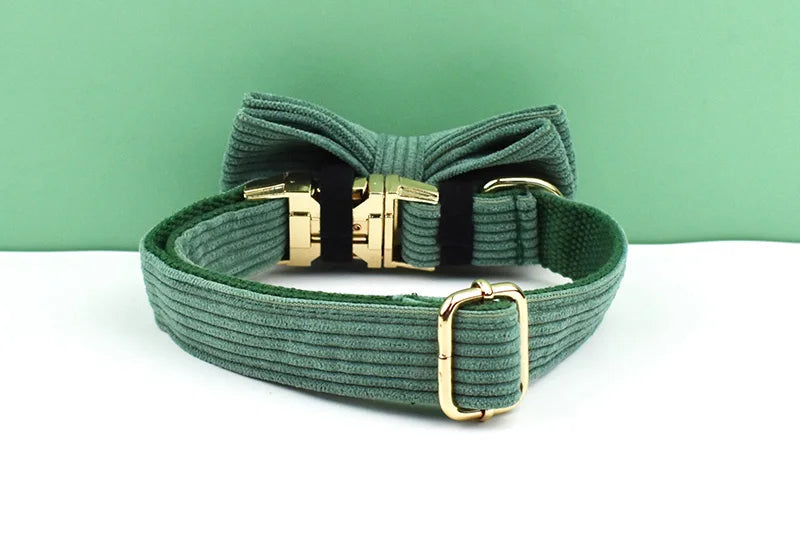 Dark Green Corduroy Personalized Dog Collar, Leash & Harness Set