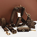 Dark Brown Velvet Personalized Dog Collar, Leash & Harness Set