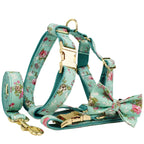 Personalized Floral Dog Harness and Leash Set, Puppy Bowtie Collar with Poop Bag, Cute Outdoor Pet Gift