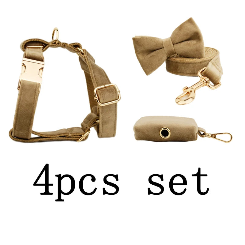 Shallow Khaki Velvet Personalized Dog Collar, Leash & Harness Set