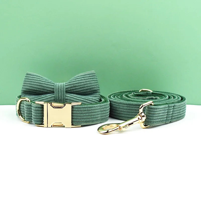 Dark Green Corduroy Personalized Dog Collar, Leash & Harness Set