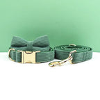 Dark Green Corduroy Personalized Dog Collar, Leash & Harness Set