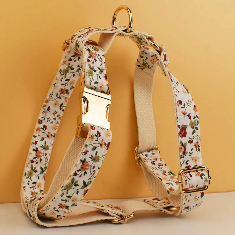 Luxury Flower Soft Cotton Personalized Dog Collar, Leash & Harness Set
