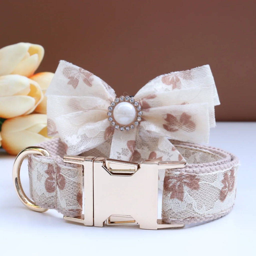 Luxury Pearl Personalized  Dog Collar and Leash Set, Lace Bowtie with Rhinestone Sparkle, Elegant Puppy Girl Pet Necklace