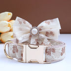 Luxury Pearl Personalized  Dog Collar and Leash Set, Lace Bowtie with Rhinestone Sparkle, Elegant Puppy Girl Pet Necklace