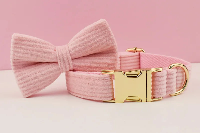 Pink Corduroy Personalized Dog Collar, Leash & Harness Set