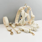 Milky White Velvet Personalized Dog Collar, Leash & Harness Set