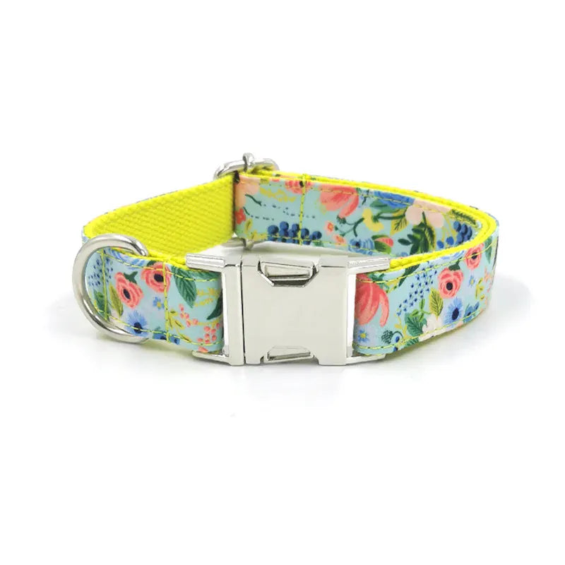 Multi Personalized Print Floral Cotton Adjustable Dog Collars -  Engravable