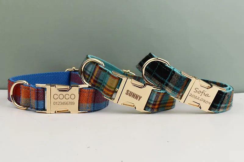 Personalized Plaid Dog Collar Leash Set