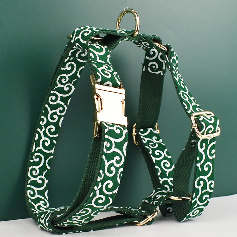 Green Soft Cotton Personalized Dog Collar, Leash & Harness Set