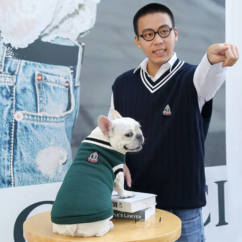 Winter Knit Dog Sweater – College Style V-Neck Warm Pet Vest for Small Dogs