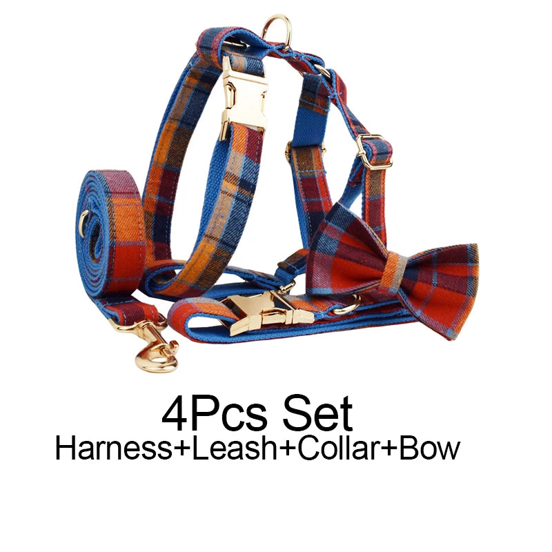 Grid Cotton Customized Designer Personalized Dog Collar, Leash & Harness Set