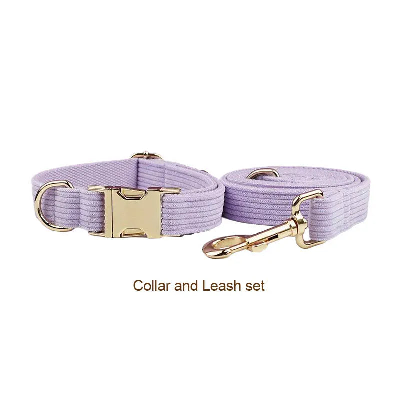 Purple Corduroy Dog Collar Leash and Harness Set