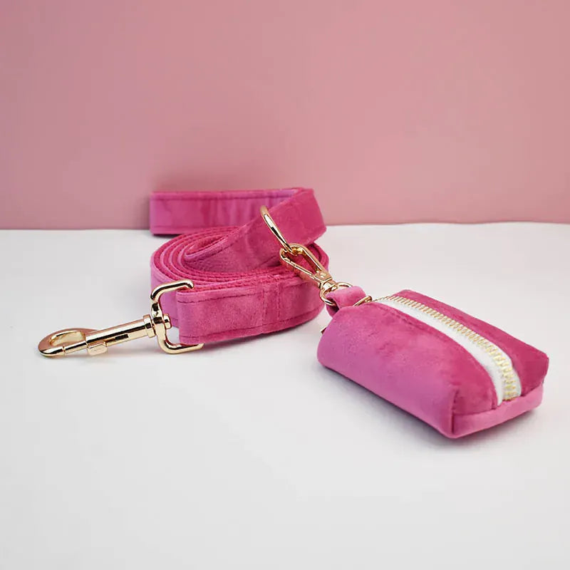 Rose Red Velvet Dog Collar Leash and Harness Set