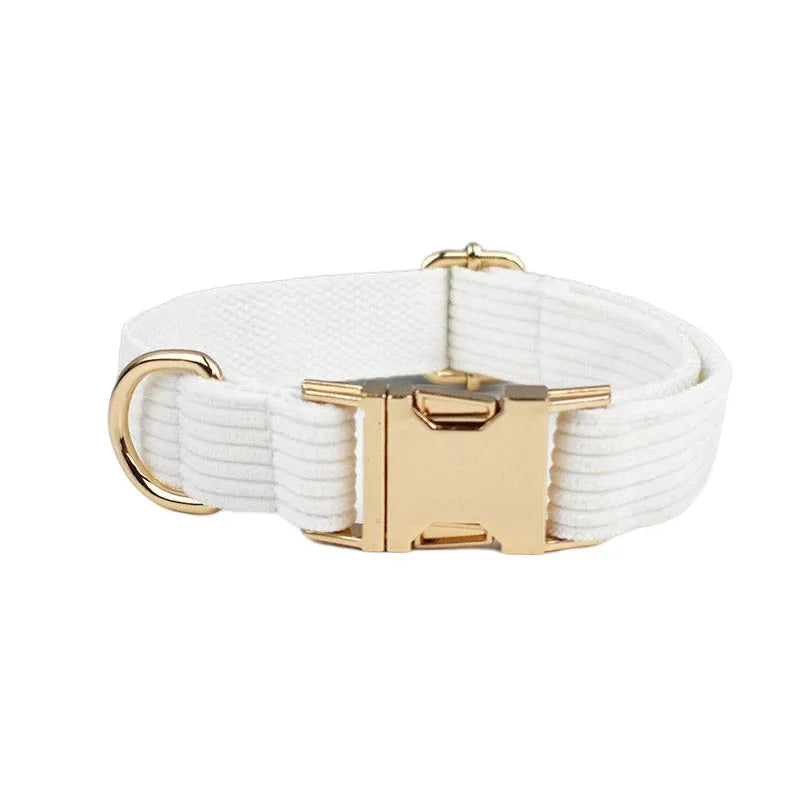 White Corduroy Personalized Dog Collar, Leash & Harness Set
