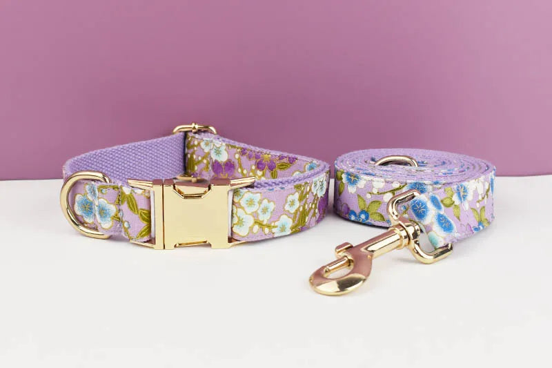 Purple Soft Cotton Personalized Dog Collar, Leash & Harness Set