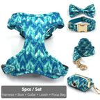 DDPaws Collar + Harness + Leash + Bowtie + Poop Bag / XS Blue tie-dye Printed Set