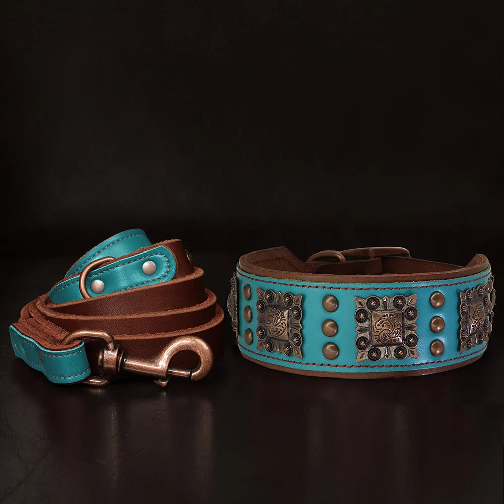 Real Leather Dog Collar & Leash Set – Durable Padded Luxury Design for Medium & Large Dogs