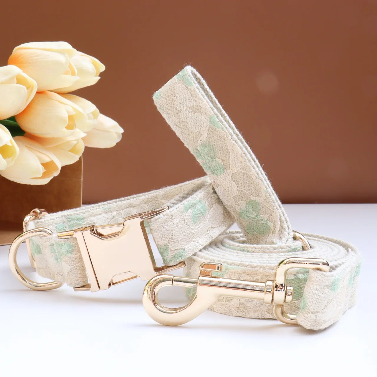 Luxury Pearl Personalized  Dog Collar and Leash Set, Lace Bowtie with Rhinestone Sparkle, Elegant Puppy Girl Pet Necklace