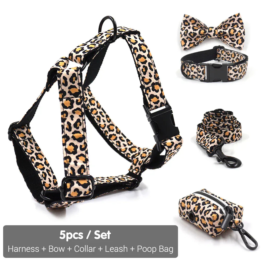 DDPaws Collar + Harness + Leash + Bowtie + Poop Bag / XS Brown Leopard Velvet Set