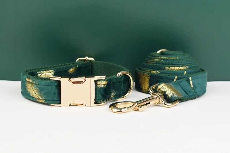 Green feather velvet  Personalized Dog Collar, Leash & Harness Set