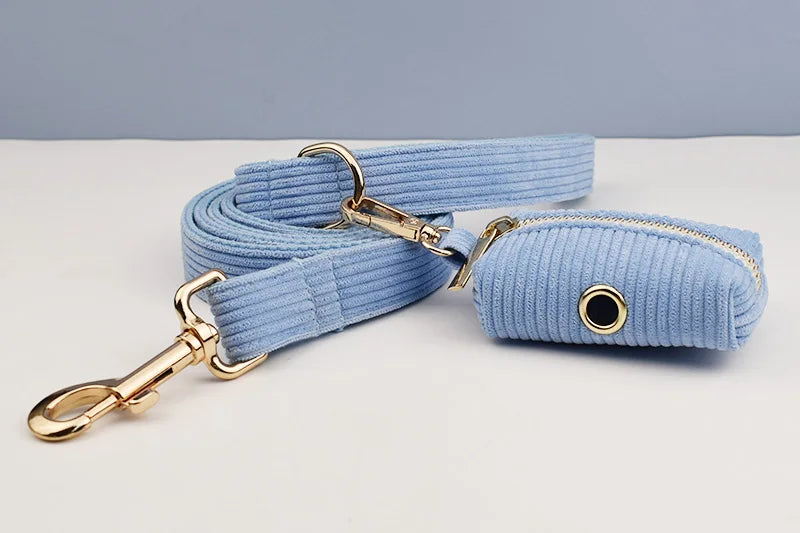 Blue Corduroy Personalized Dog Collar, Leash & Harness Set