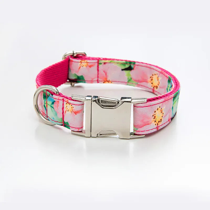 Multi Personalized Print Floral Cotton Adjustable Dog Collars -  Engravable