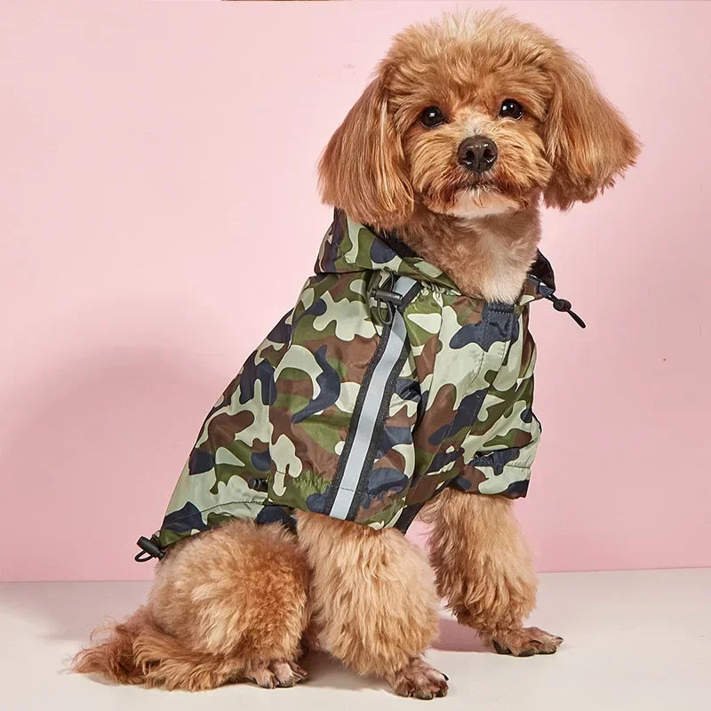 Reflective Large Dog Raincoat – Waterproof Camouflage Hooded Jumpsuit for Outdoor Protection