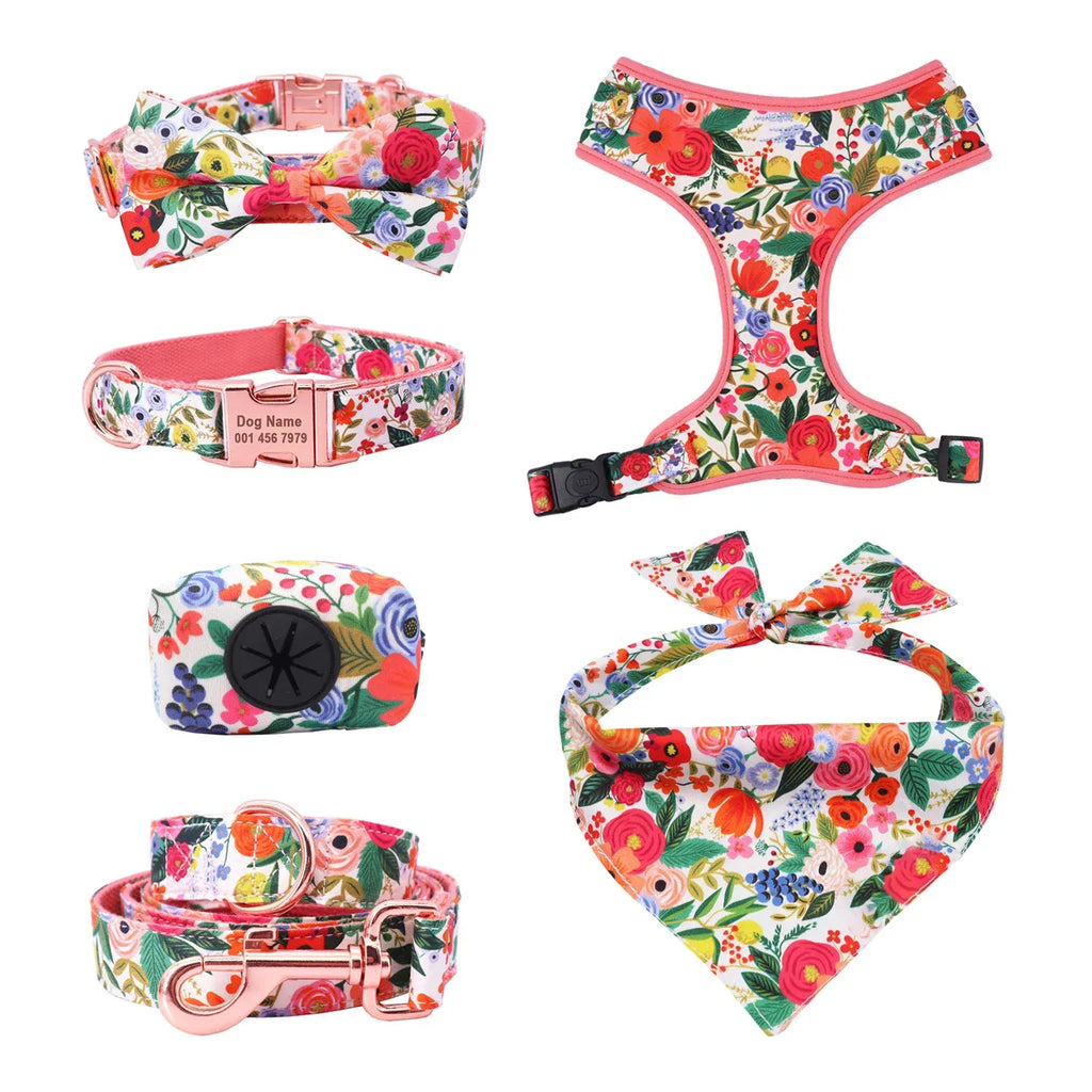 DDPaws  bow full set / L Classical Floral Dog Harness, Collar Flower Matching leash, Bandana, Shampoo Bag with Personalized Name, Telphone