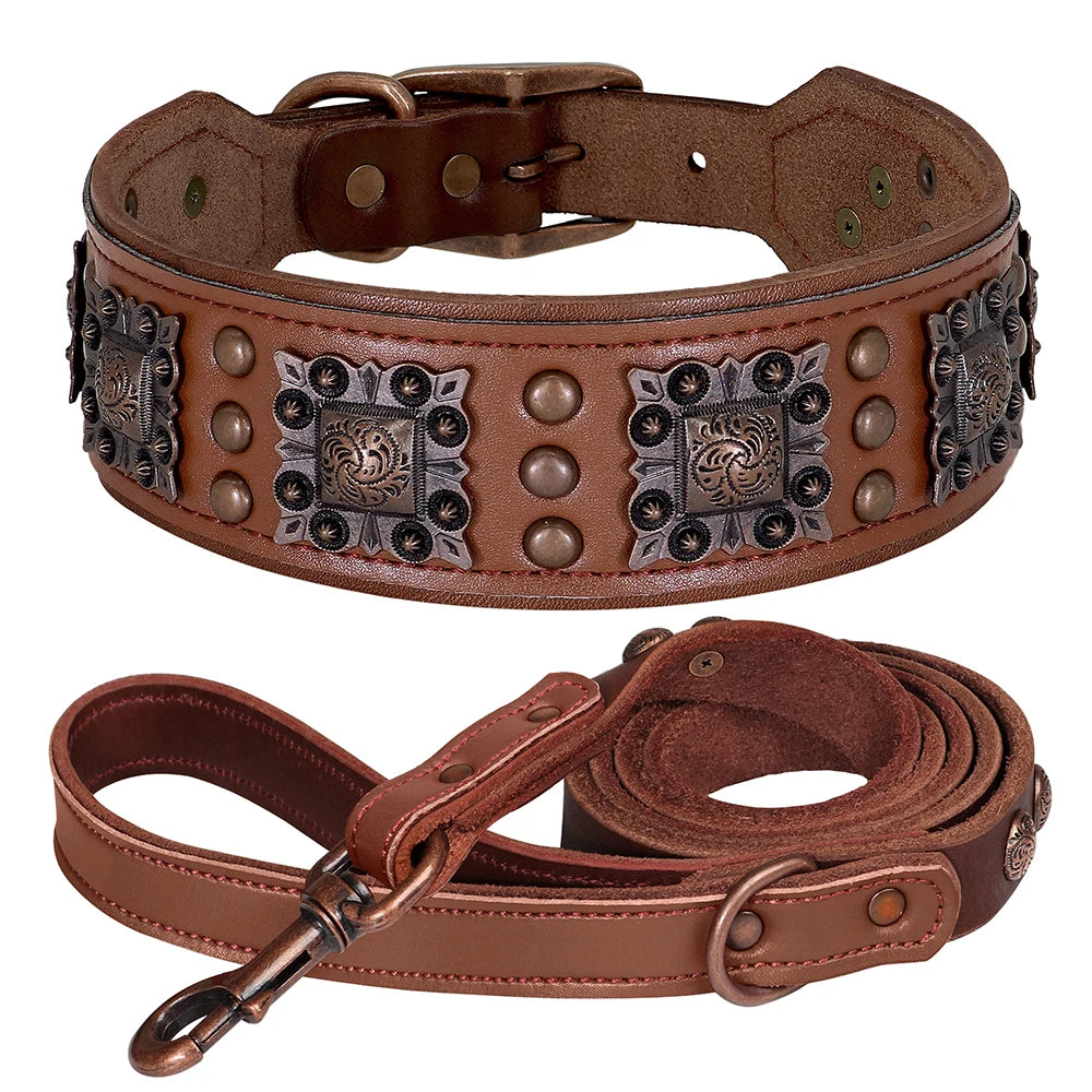 Real Leather Dog Collar & Leash Set – Durable Padded Luxury Design for Medium & Large Dogs