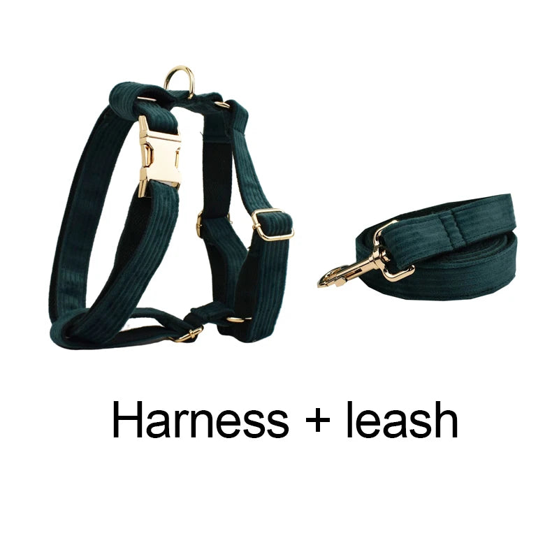Dark green Corduroy Personalized Dog Collar, Leash & Harness Set