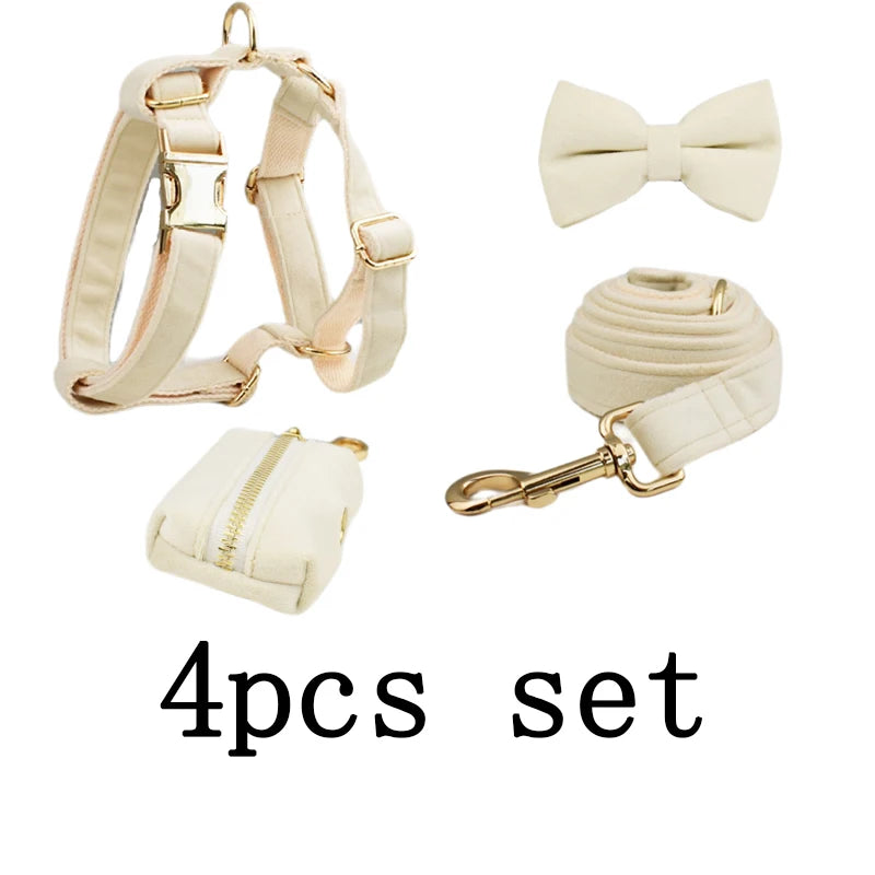 Milky White Velvet Personalized Dog Collar, Leash & Harness Set
