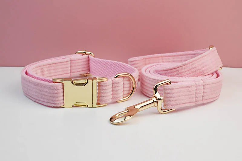 Pink Corduroy Personalized Dog Collar, Leash & Harness Set