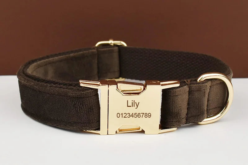 Dark Brown Velvet Personalized Dog Collar, Leash & Harness Set