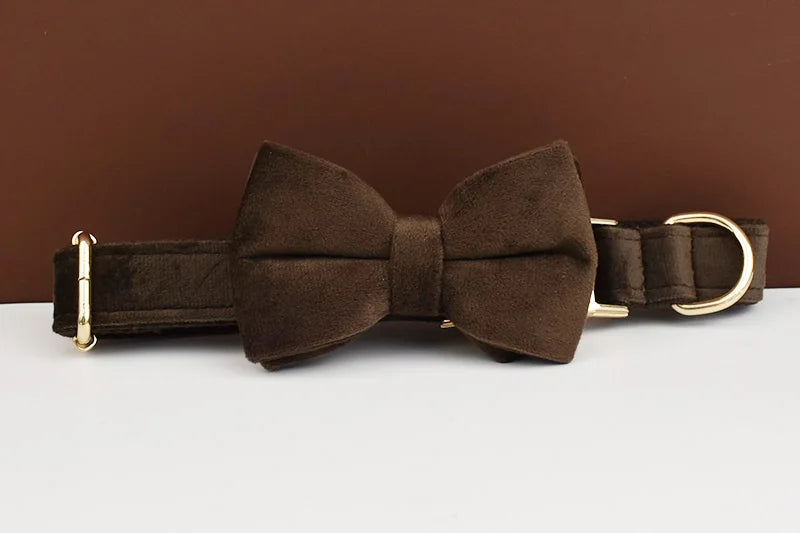 Dark Brown Velvet Personalized Dog Collar, Leash & Harness Set
