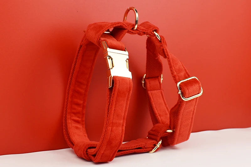 Red Velvet Personalized Dog Collar, Leash & Harness Set