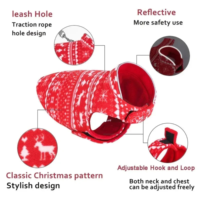 Reversible Christmas Dog Jacket – Double-Layer Fleece Winter Coat for Small, Medium & Large Dogs