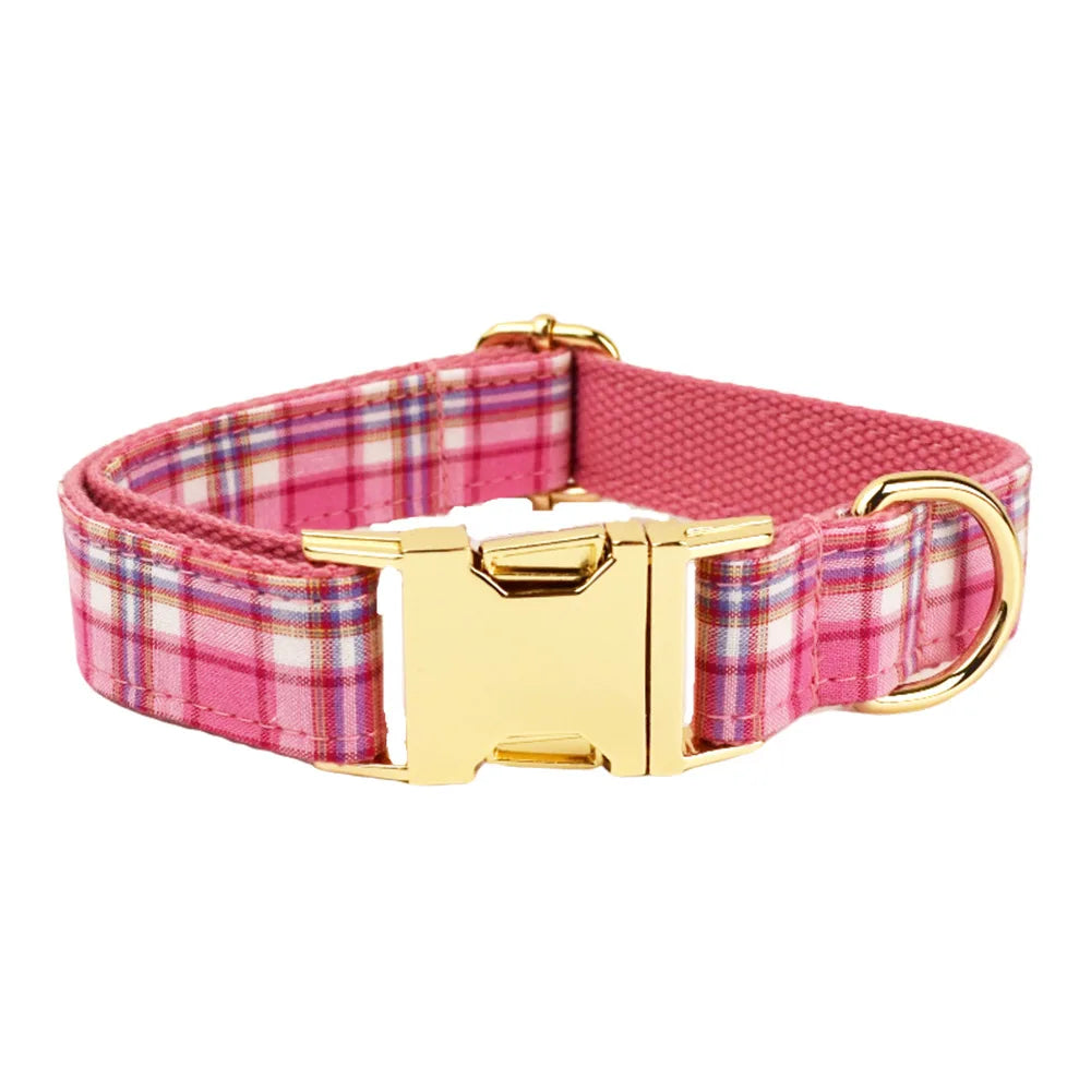 Multi Plaid Personalized Dog Bowtie Collar, Leash Set And Harness Set - Engravable Best Gift For Dog Lover