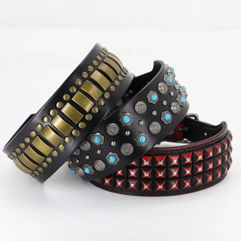 Genuine Leather Dog Collar – 2-Inch Wide Luxury Spike & Diamond Design for Medium & Large Dogs
