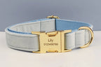 Light Blue Velve Personalized Dog Collar, Leash & Harness Set