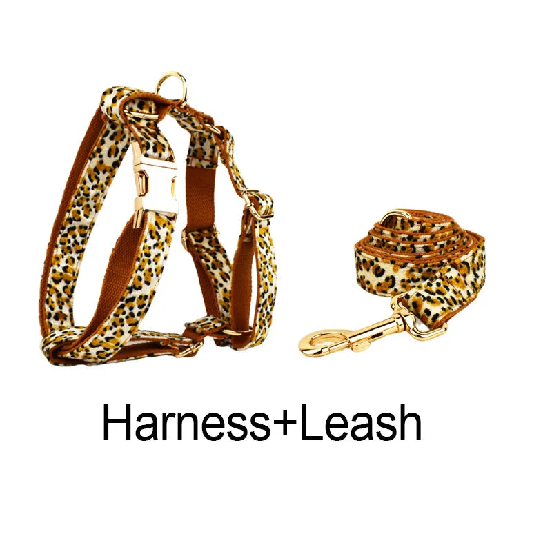 Customized Designer Logo Leopard Personalized Dog Collar, Leash & Harness Set
