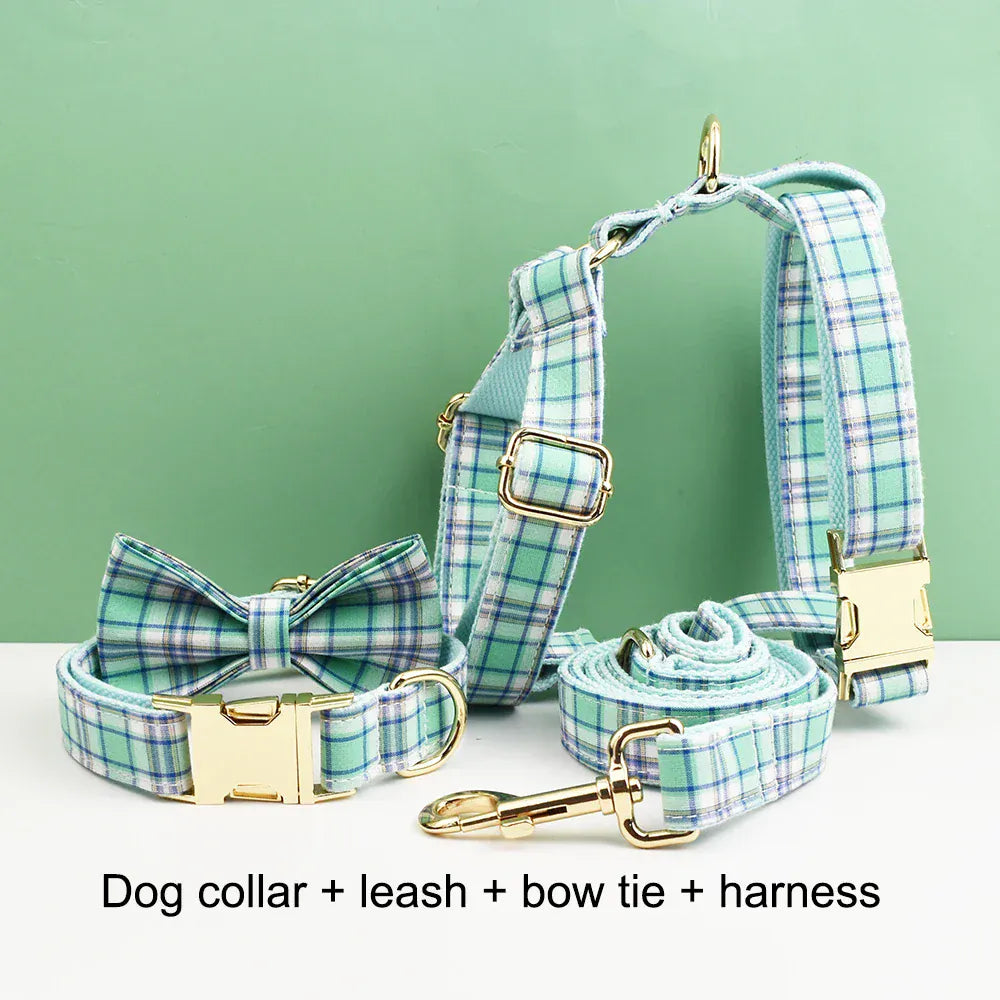 Lake Water Green Plaid Dog Collar Leash and Harness Set