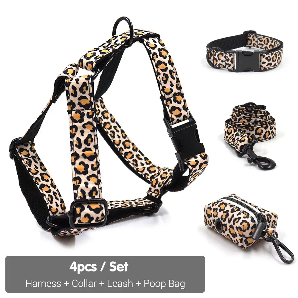 DDPaws Collar + Harness + Leash + Bowtie / XS Brown Leopard Velvet Set