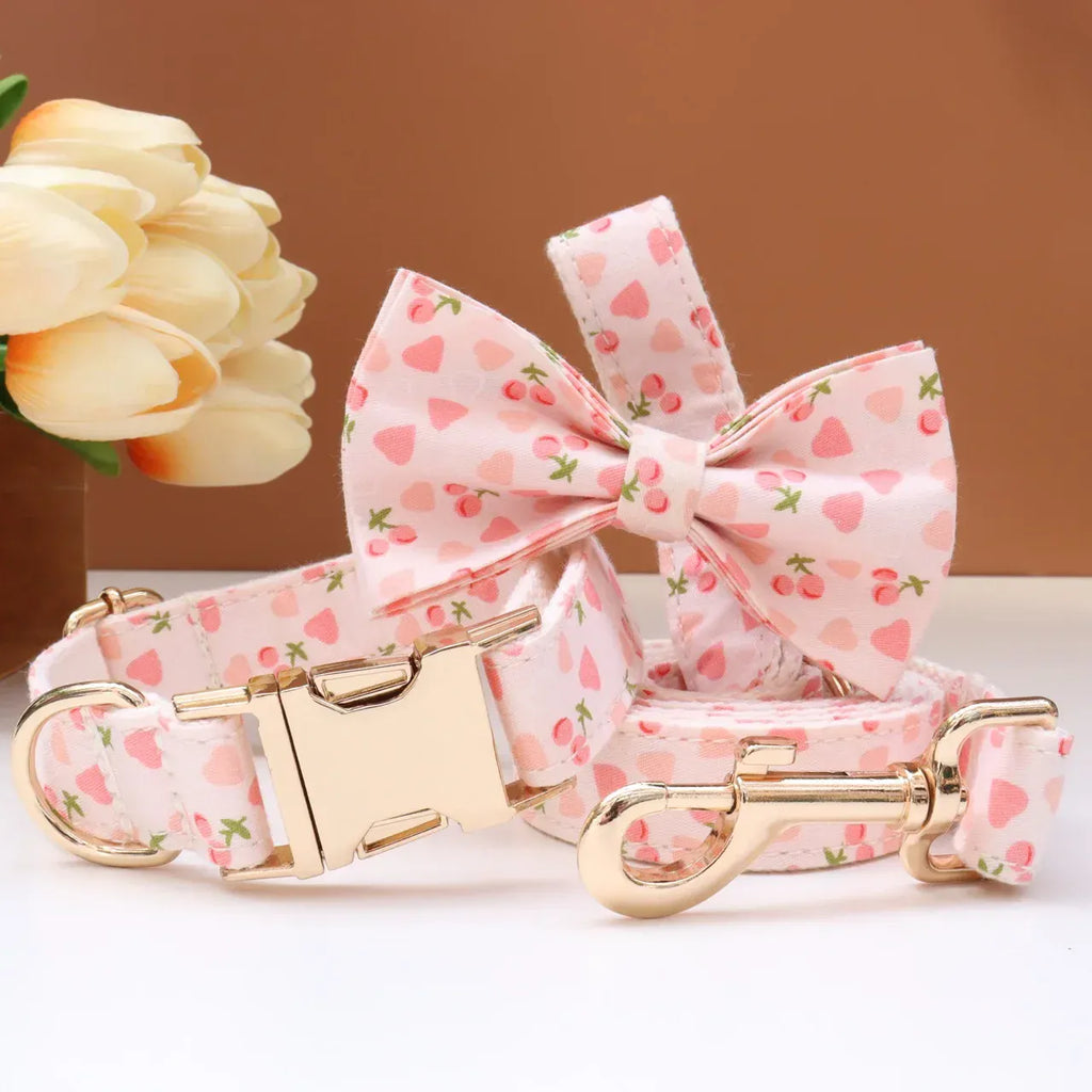 Personalized Print Floral Dog Collar Bowtie Leash Set