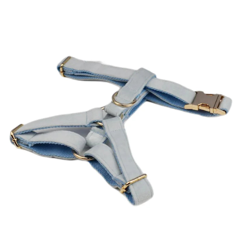 Light Blue Velve Personalized Dog Collar, Leash & Harness Set