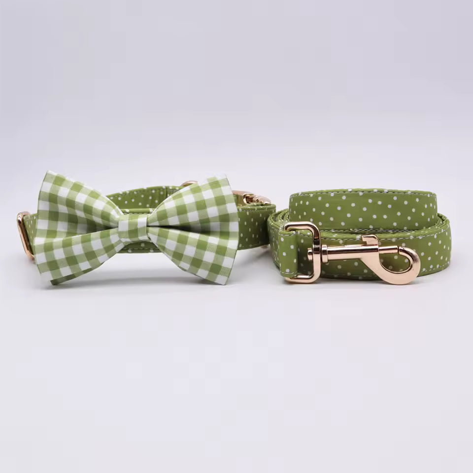 Green Polka Dot Floral Dog Collar and Leash Set