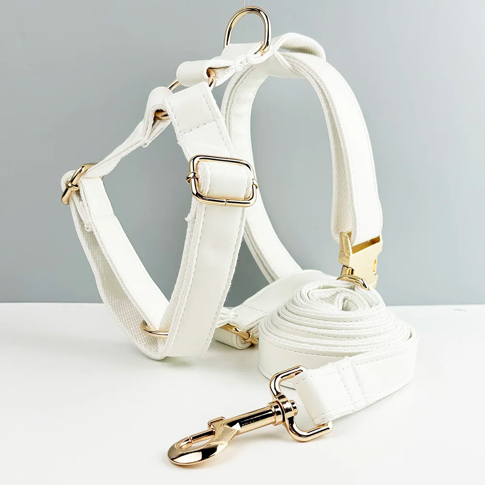 White Leather Personalized Dog Collar, Leash & Harness Set