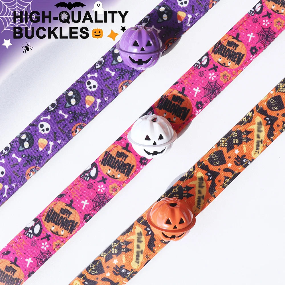 Luxury Small Dog Collar, Personalized Halloween Printed Cotton Collar, Organic Pattern with Rivet Decoration