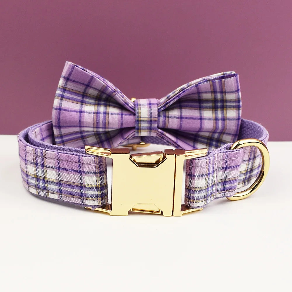 Multi Plaid Personalized Dog Bowtie Collar, Leash Set And Harness Set - Engravable Best Gift For Dog Lover